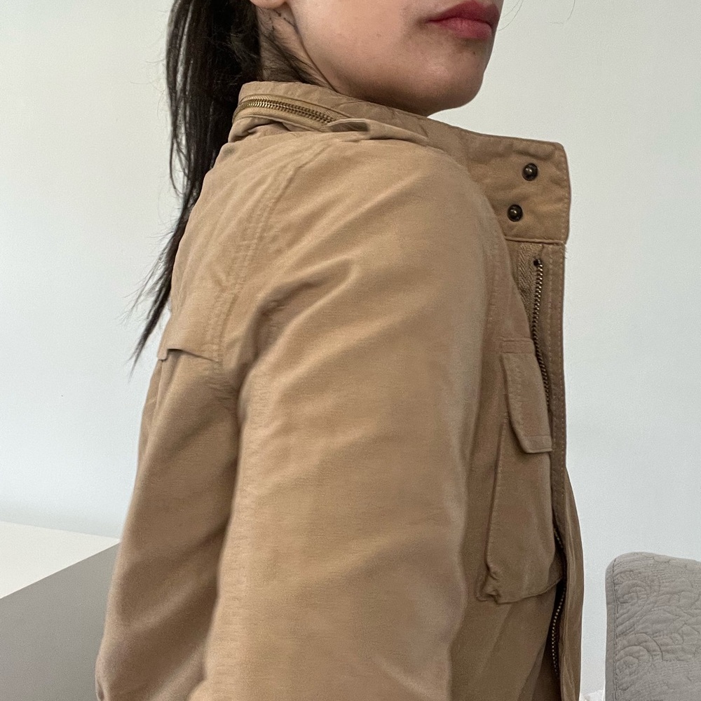Love Tree Utility Jacket Full Zip Drawstring Waist Tan Khaki Military Style Med